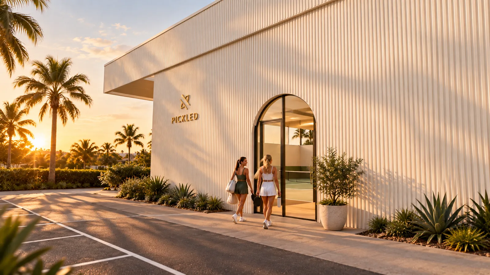 Two players walking to the arched glass entry of PICKLED at sunset, palms and a fluted white wall