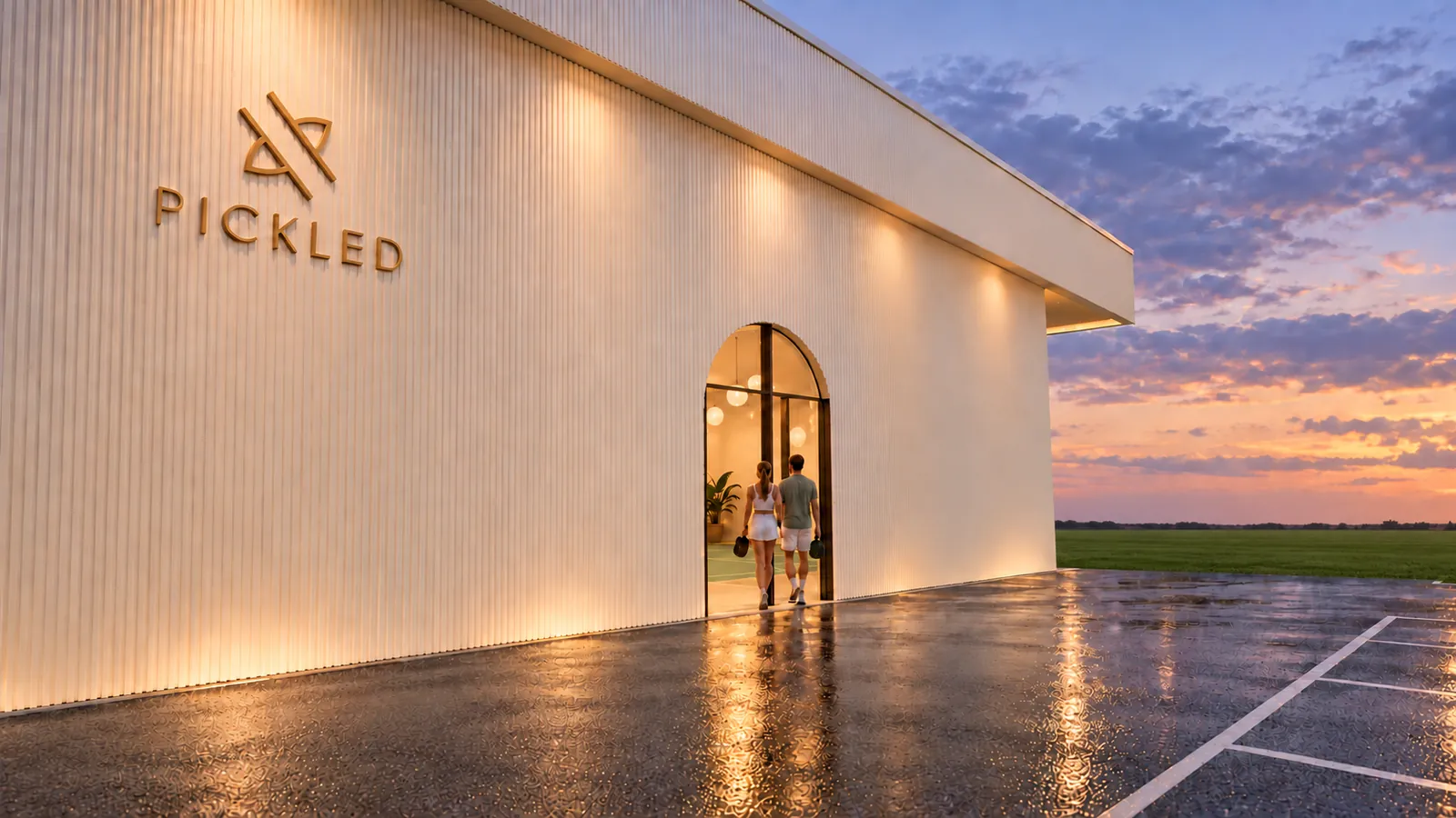 Dusk at PICKLED: warm light on a pale fluted wall with brass PICKLED lettering, two players walking in through the arched door