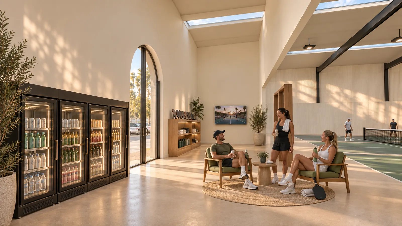 The members' lounge: armchairs on a round rug, drinks fridges, the courts beyond