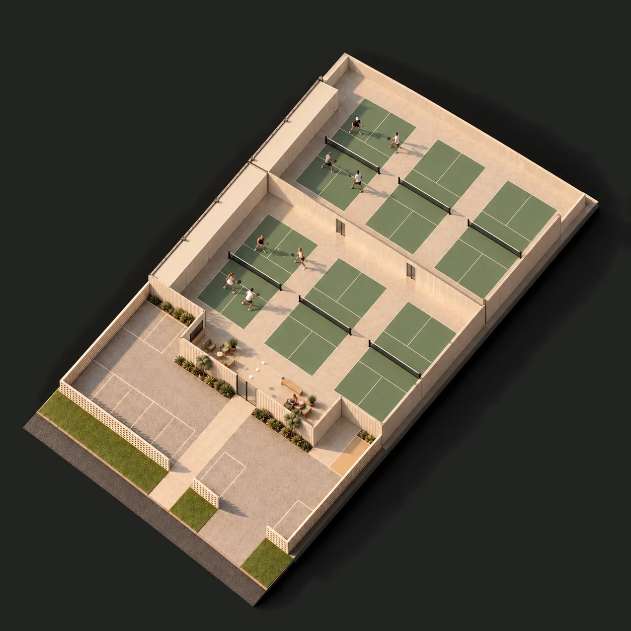 PICKLED seen from above with the roof removed: six sage-green courts in two rows of three, the lounge behind the front wall, and a garden and car park facing the street